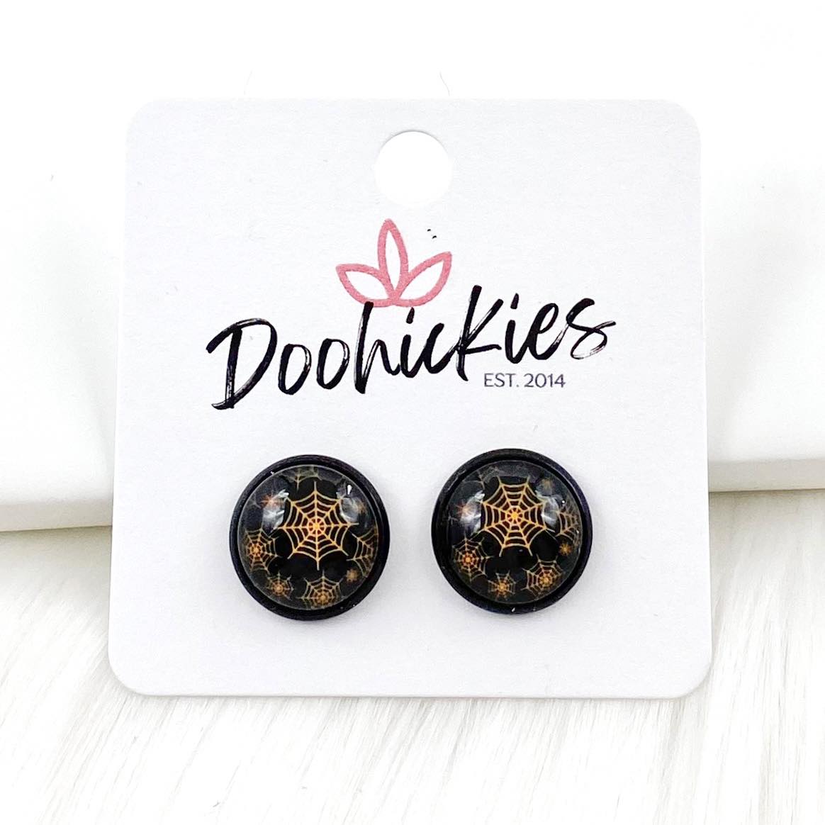 12mm Orange Webs in Black Settings - Halloween Earrings