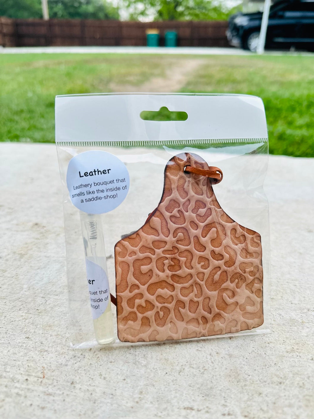 Leather Cow Tag Air Freshener with Spray