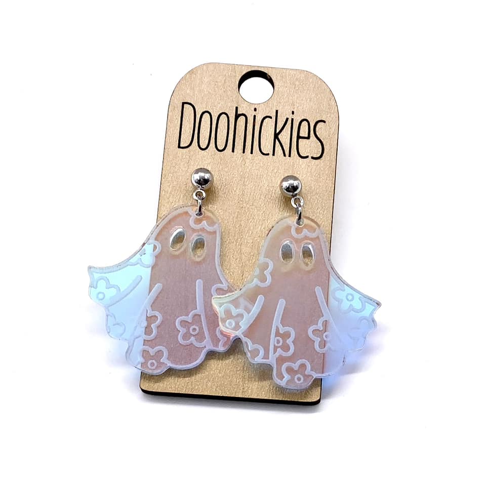 2" Iridescent Groovy Ghost Acrylic Dangles - Halloween Earrings