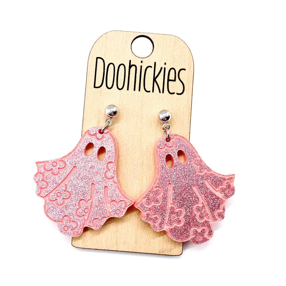 2" Pink Glitter Groovy Ghost Acrylic Dangles - Halloween Earrings
