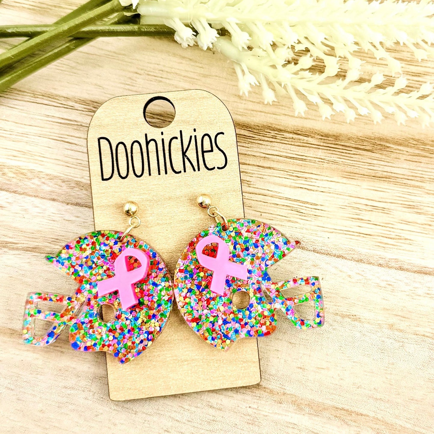 Pink Out Daisy Glitter Ribbon Football Helmet Earring Collection - Breast Cancer Awareness Earrings