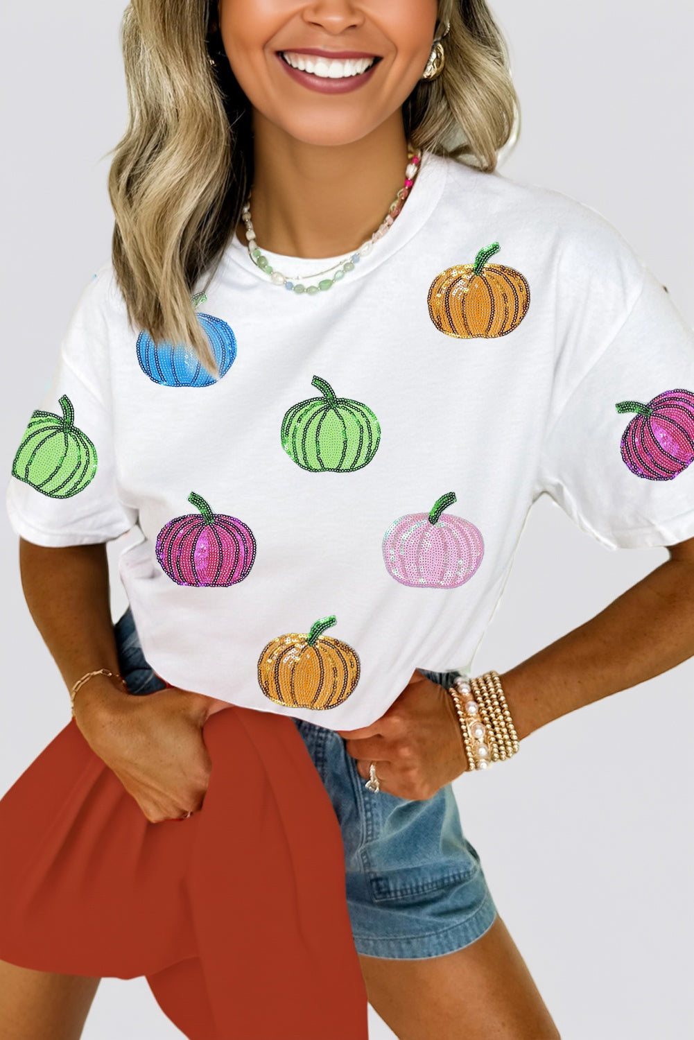 Sequin Pumpkin Cotton Blend Top