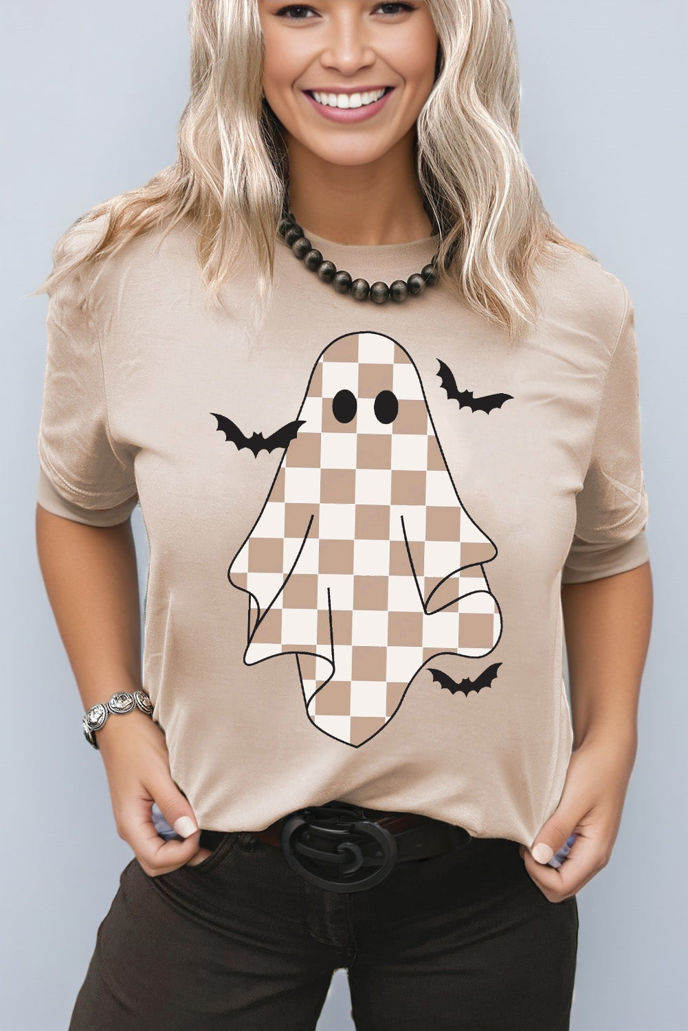 Checkered Ghost & Bats Halloween Graphic Tee