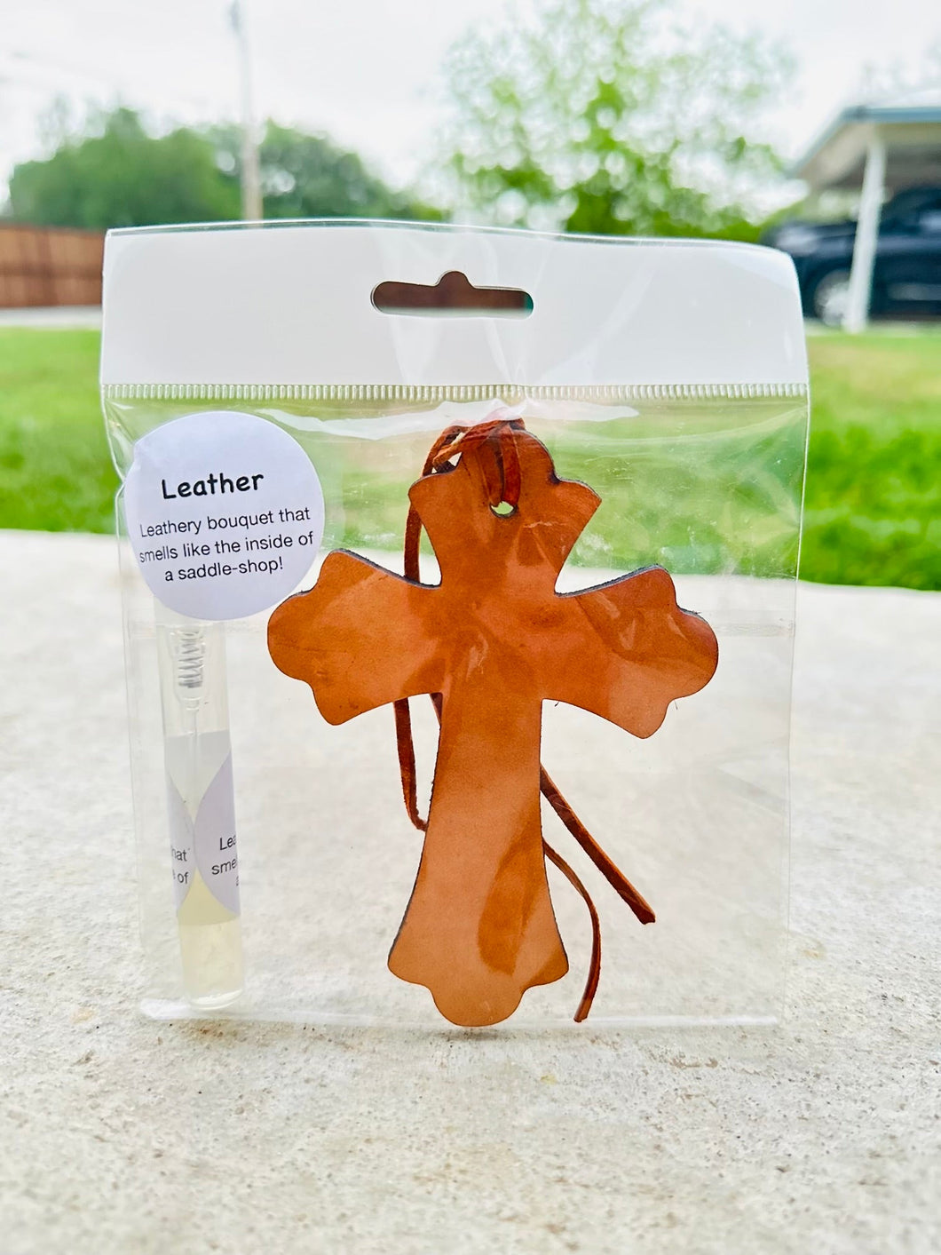 Leather Cross Air Freshener with Spray