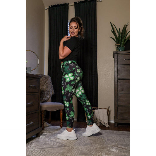 Buttery soft shamrock leggings for women by Julia Rose Festive green St. Patrick’s Day leggings