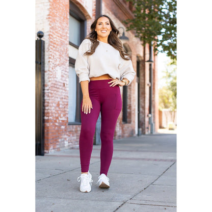 Buttery soft maroon leggings for women - High waist maroon leggings with side pockets