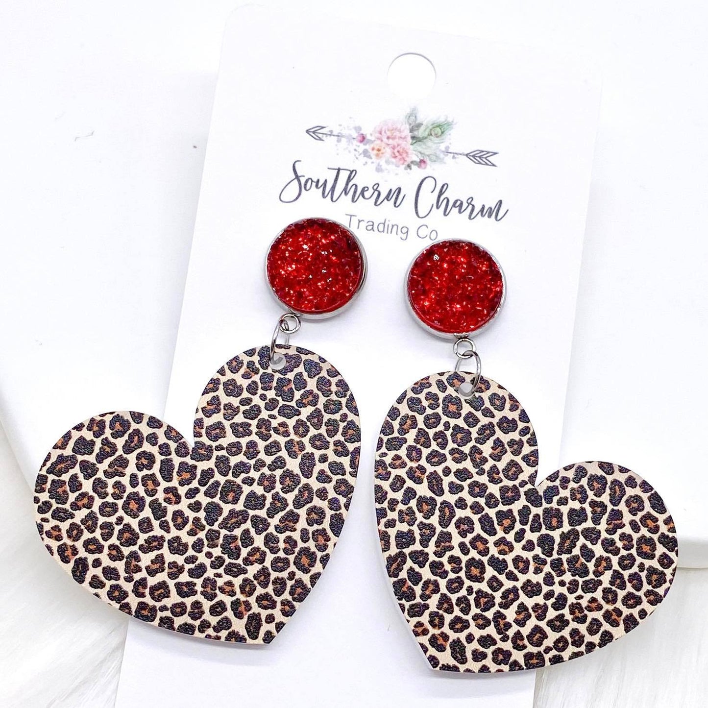 2" Red Sparkles & Leopard Heart Acrylic Valentine Dangles -Earrings