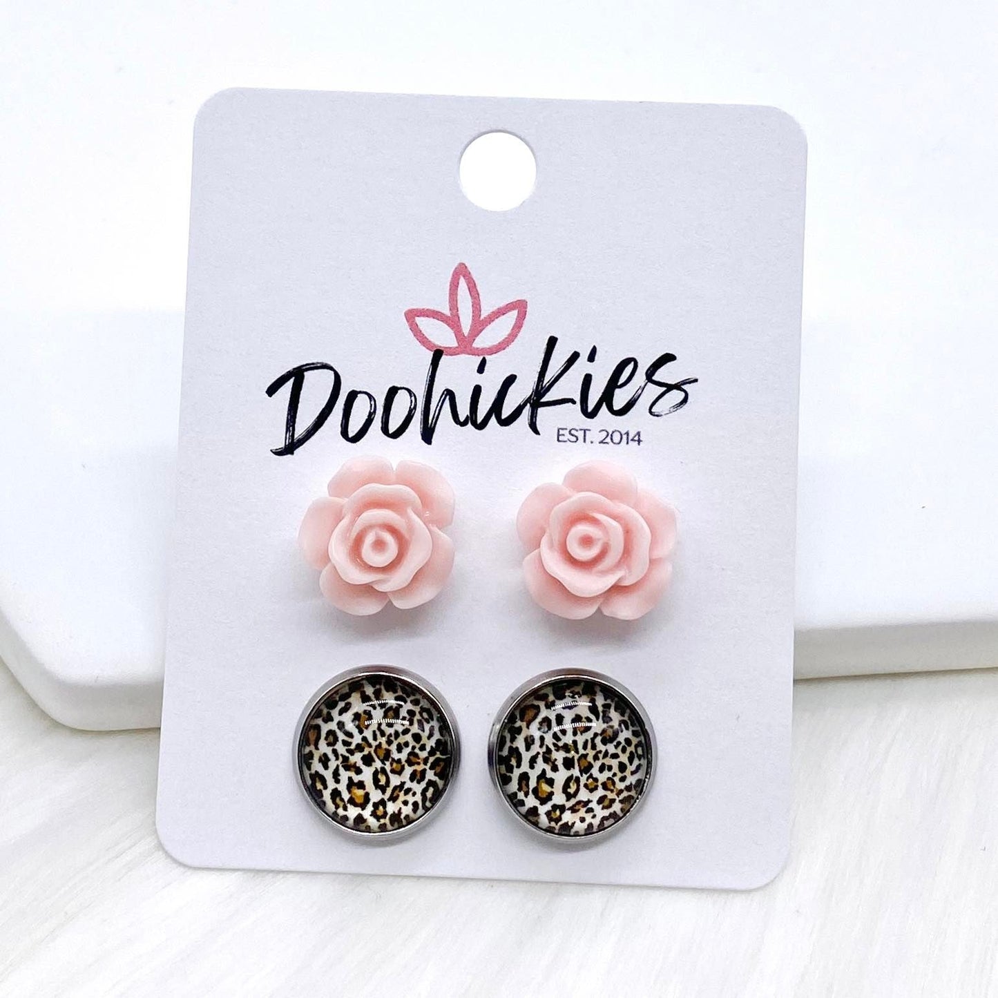 12mm Pink Roses & Tan Leopard in Stainless Steel Settings -Earrings