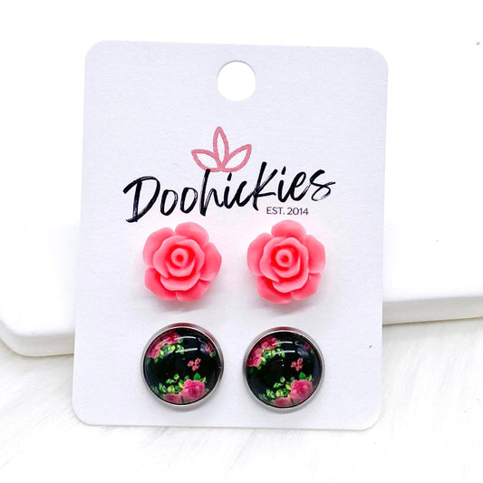 12mm Hot Pink Roses & Hot Pink Roses on Black in Stainless Steel Settings -Earrings