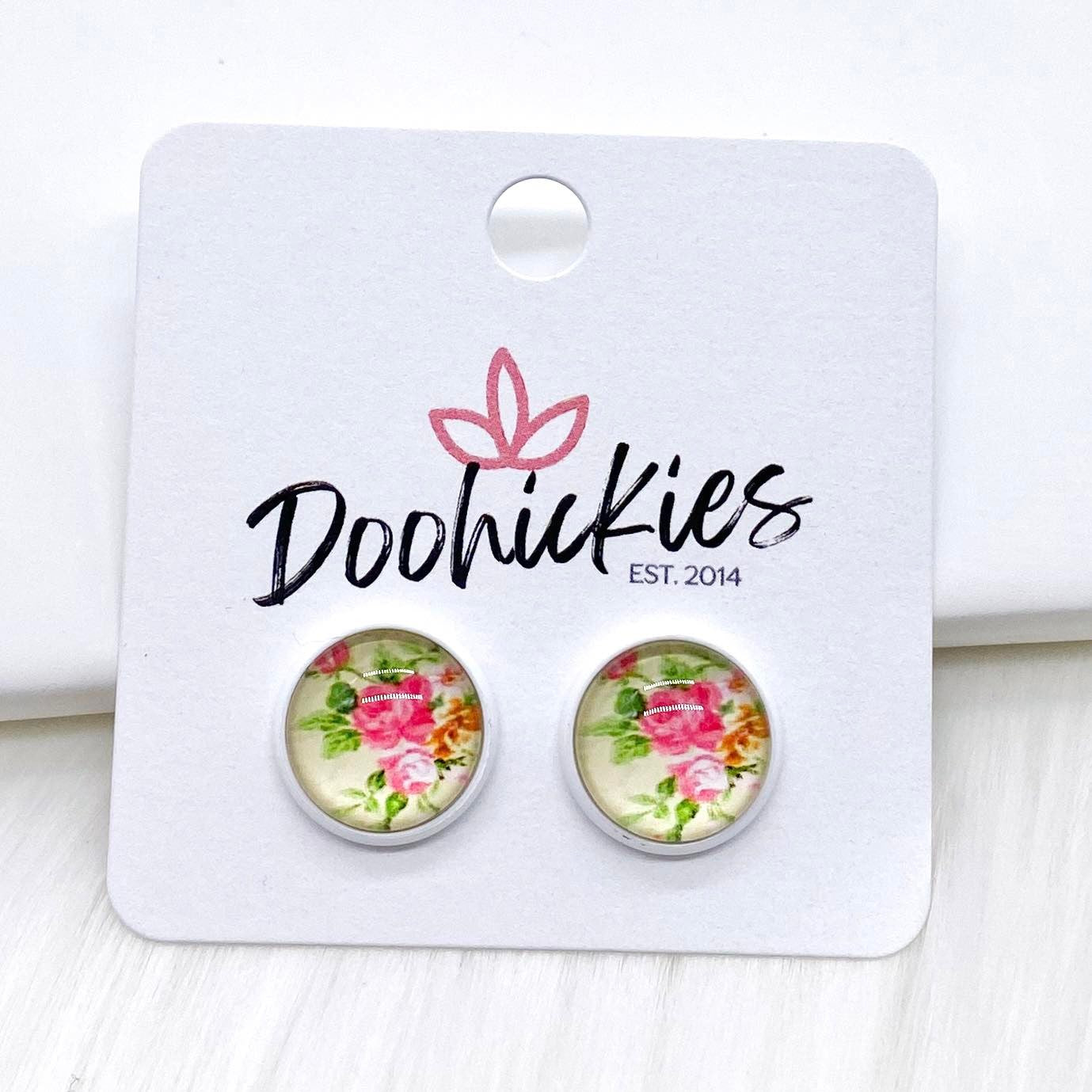 12mm Mint Floral in White Settings -Earrings