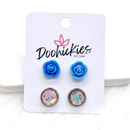 10mm Tiny Glitter Roses & Petal Duos -Earrings