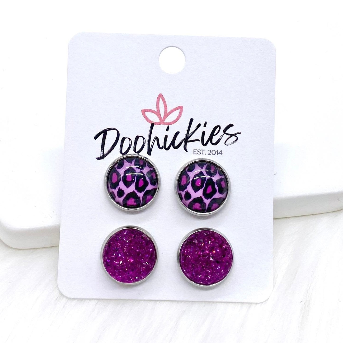 12mm Fuchsia Leopard & Fuchsia Sparkles in Stainless Steel Settings -Earrings