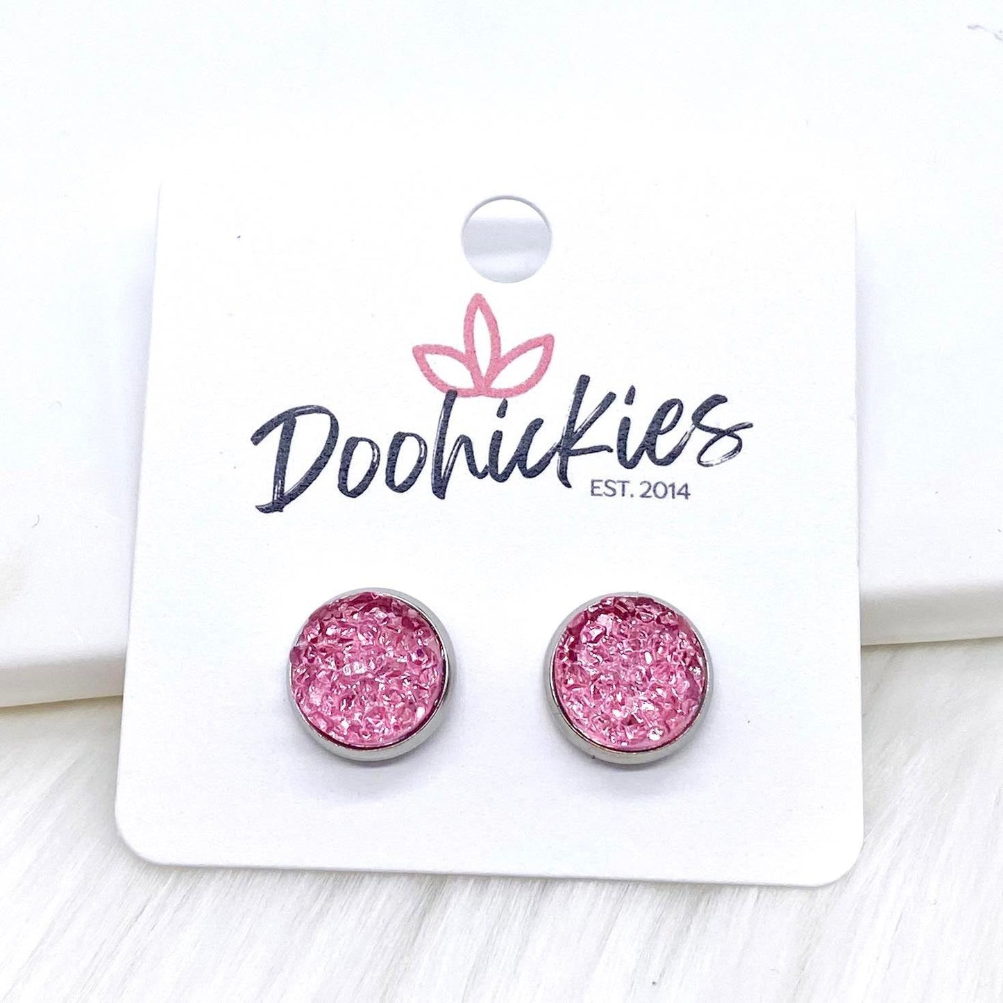Pink Sparkle Singles in Stainless Steel Settings -Earrings