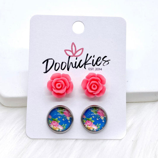 12mm Hot Pink Roses & Roses on Sky Blue in Stainless Steel Settings -Earrings