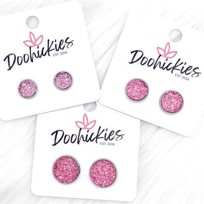 Pink Sparkle Singles in Stainless Steel Settings -Earrings