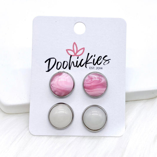 12mm Pink Swirl & Pearl in Stainless Steel Settings -Earrings