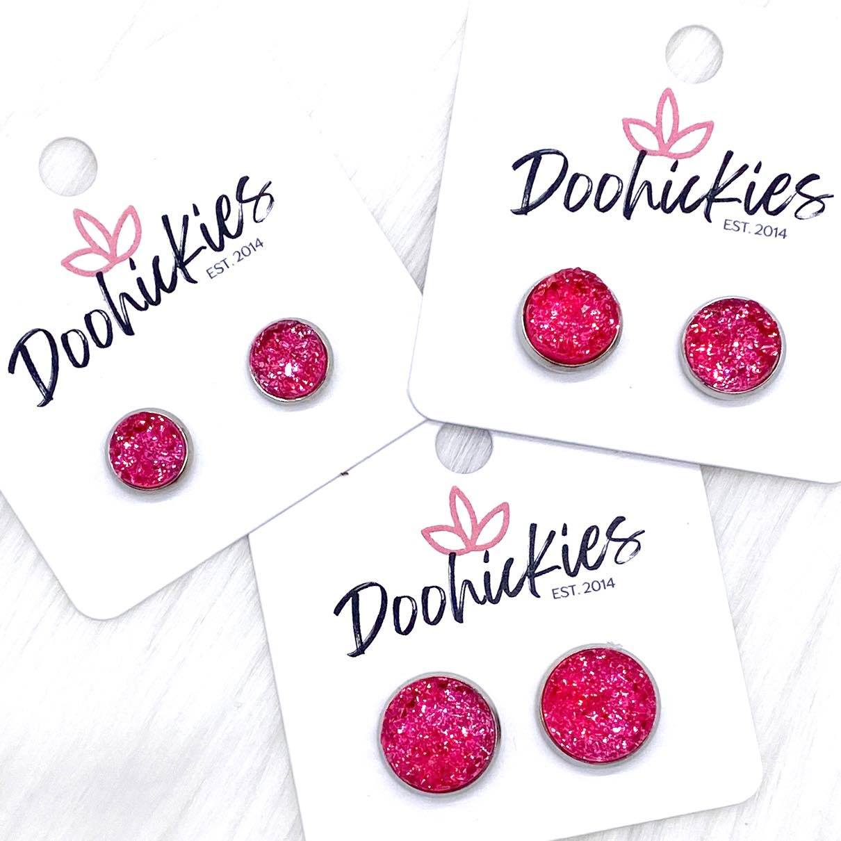 Hot Pink Sparkle Singles in Stainless Steel Settings -Earrings