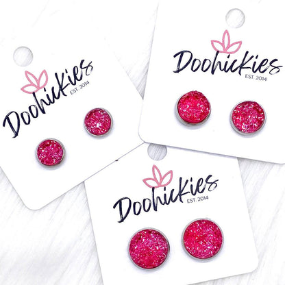 Hot Pink Sparkle Singles in Stainless Steel Settings -Earrings