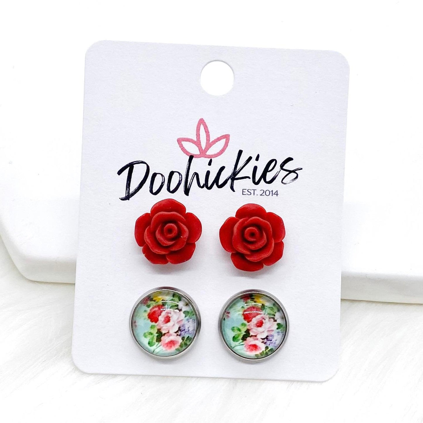 12mm Red Roses & Roses on Mint in Stainless Steel Settings -Earrings