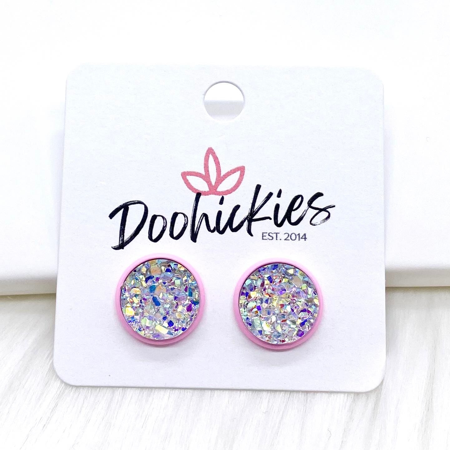 12mm Everyday Studs in Bright Pink Settings -Earrings