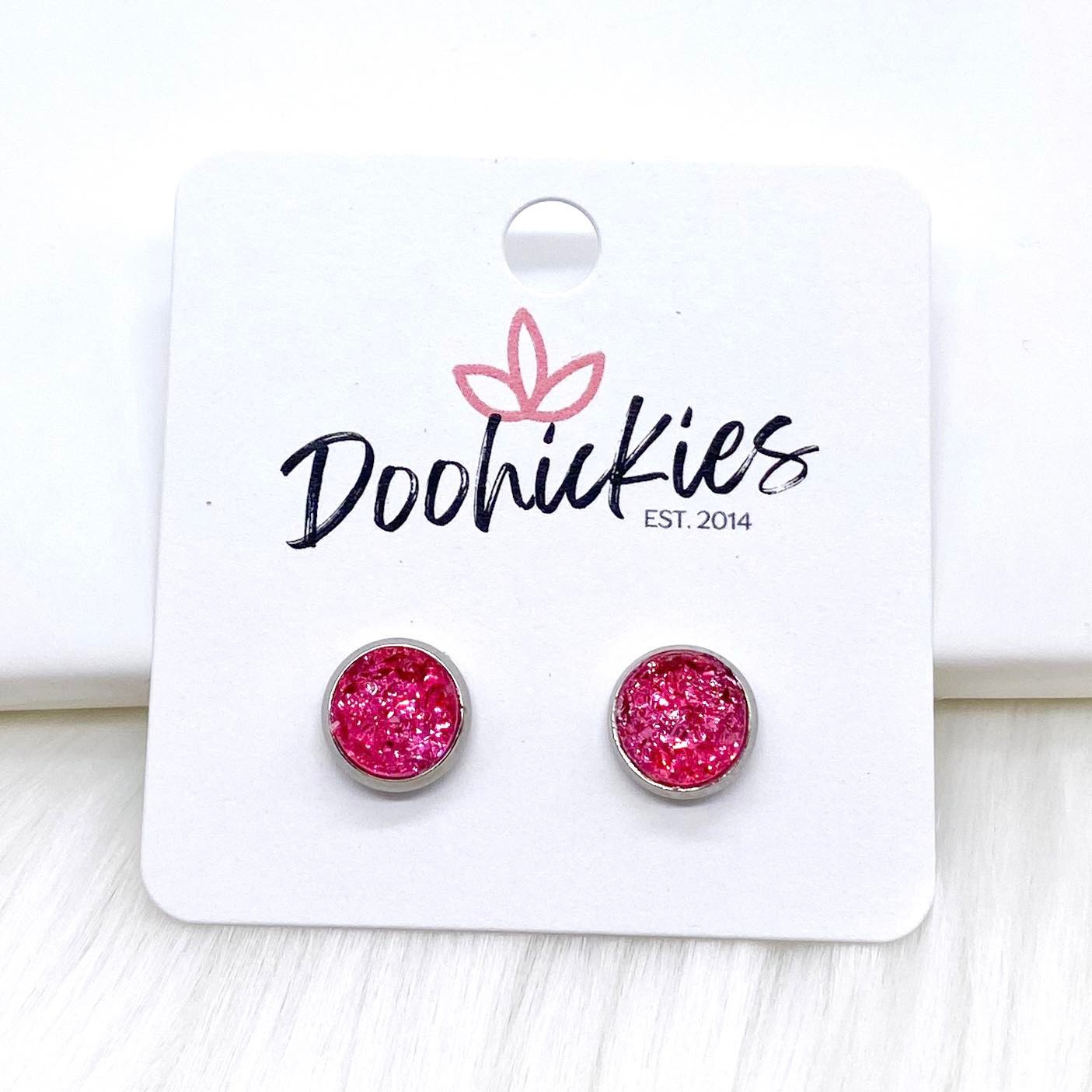 Hot Pink Sparkle Singles in Stainless Steel Settings -Earrings