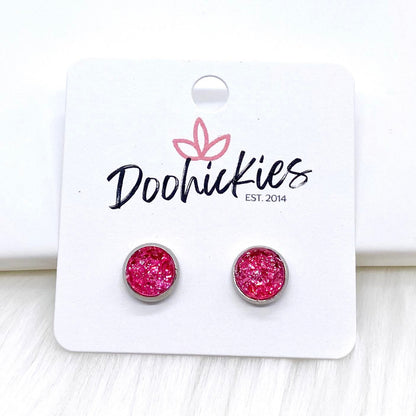 Hot Pink Sparkle Singles in Stainless Steel Settings -Earrings