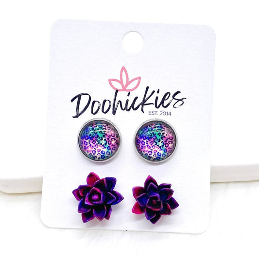 12mm Bright Leopard & Magenta Succulents in Stainless Steel Settings -Stud Earrings