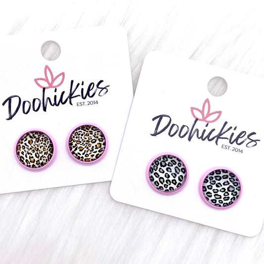 12mm Leopard Singles in Bright Pink Settings -Earrings