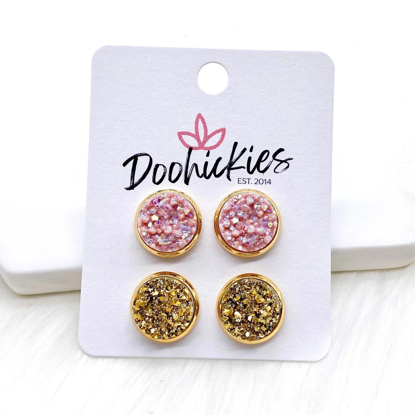 12mm Blush & Gold in Gold Settings -Earrings