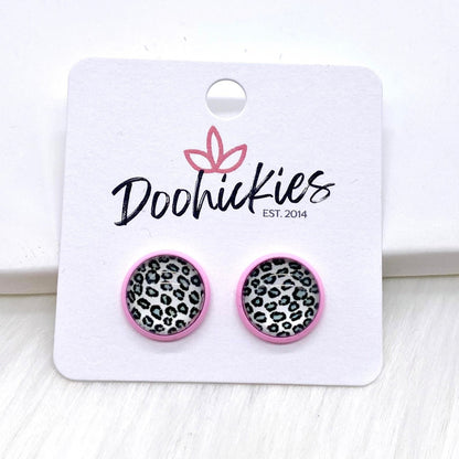 12mm Leopard Singles in Bright Pink Settings -Earrings