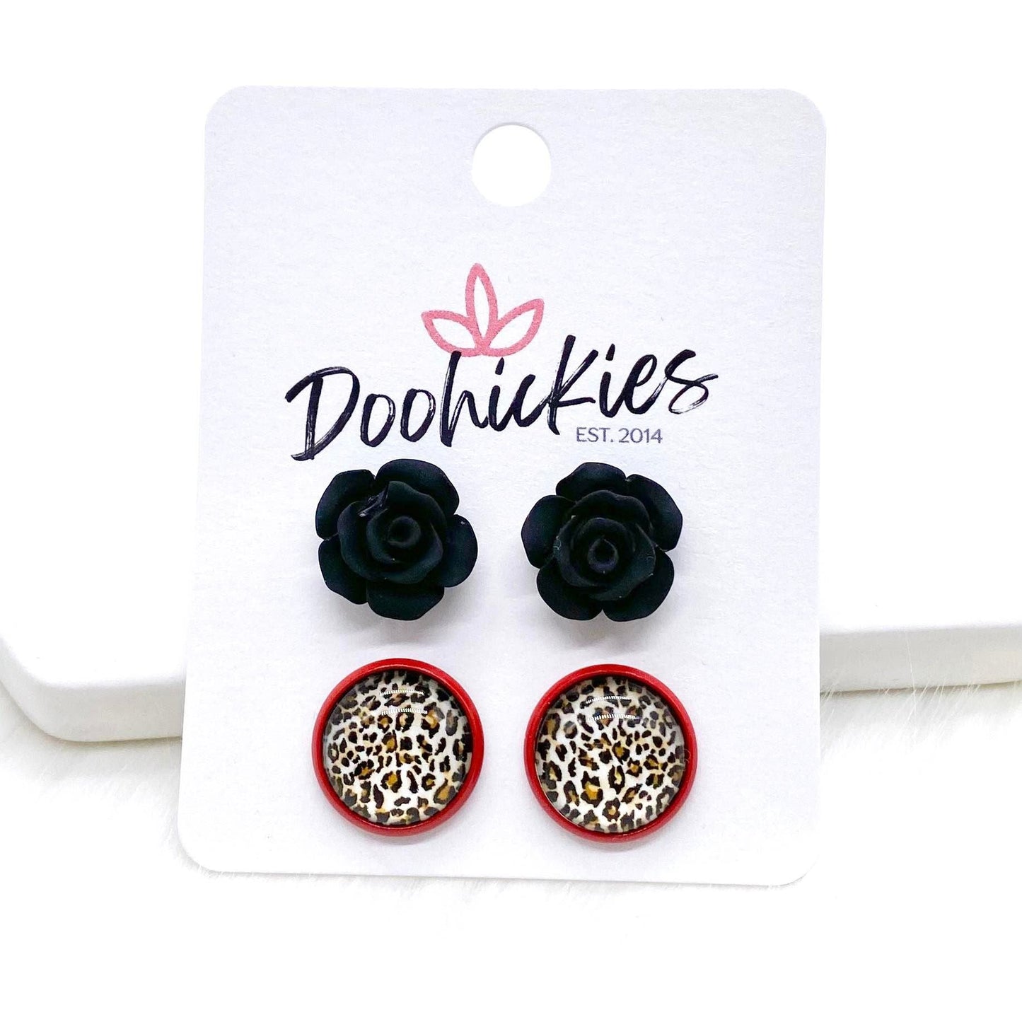 12mm Black Roses & Tan Leopard in Red Settings -Earrings