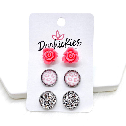 12mm Hot Pink Roses/Pastel Pink Leopard/Silver in Stainless Steel Settings -Earrings