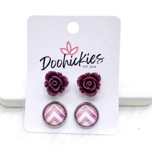 12mm Burgundy Blooming Roses & Blush Chevron in Stainless Steel Settings -Earrings