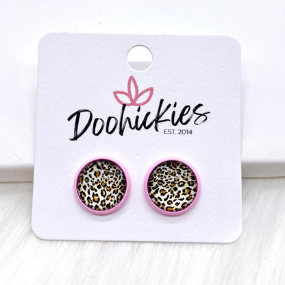 12mm Leopard Singles in Bright Pink Settings -Earrings