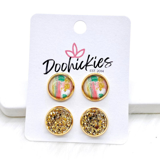 12mm Paint Splatter & Gold in Gold Settings -Earrings