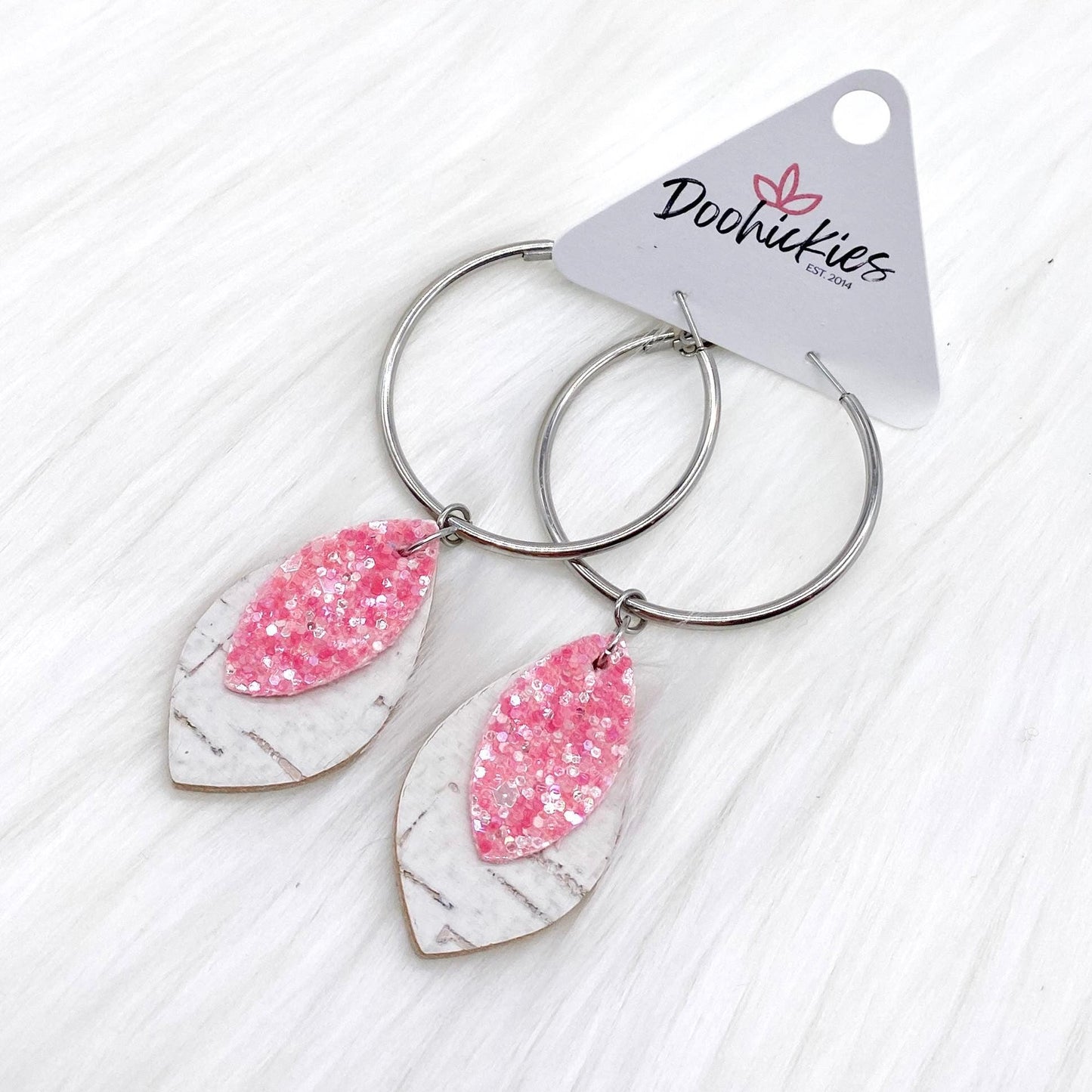 3.25" Pink Glitter & White Corkie Hoops -Earrings