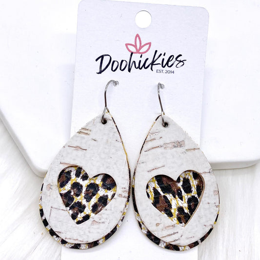 2" White & Chocolate Leopard Heart Layered Teardrops -Earrings