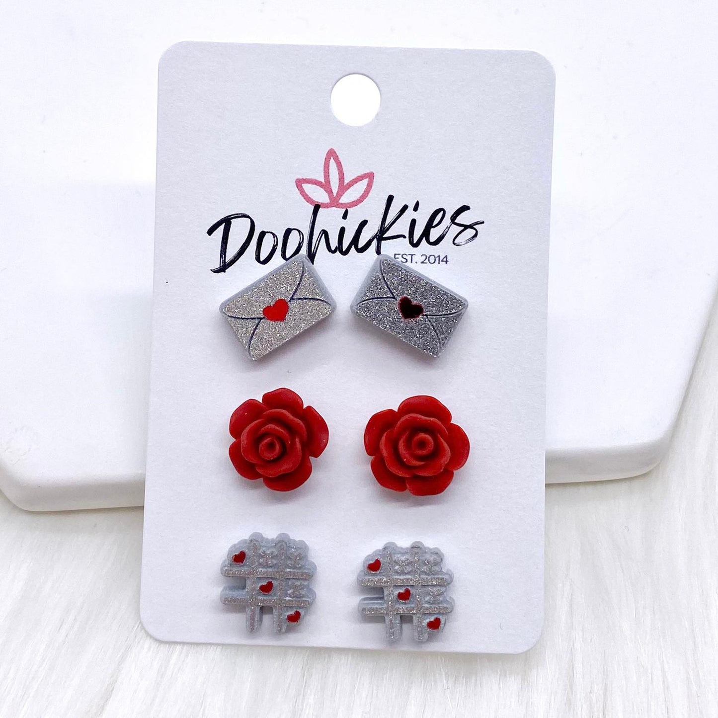 12mm Sealed with a Kiss/Red Valentine Roses/TicTacToe -Earrings