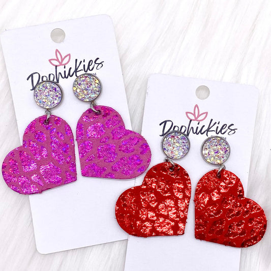 2" Crystal & Metallic Valentine's Leopard Heart Dangles (2 Colors) -Earrings