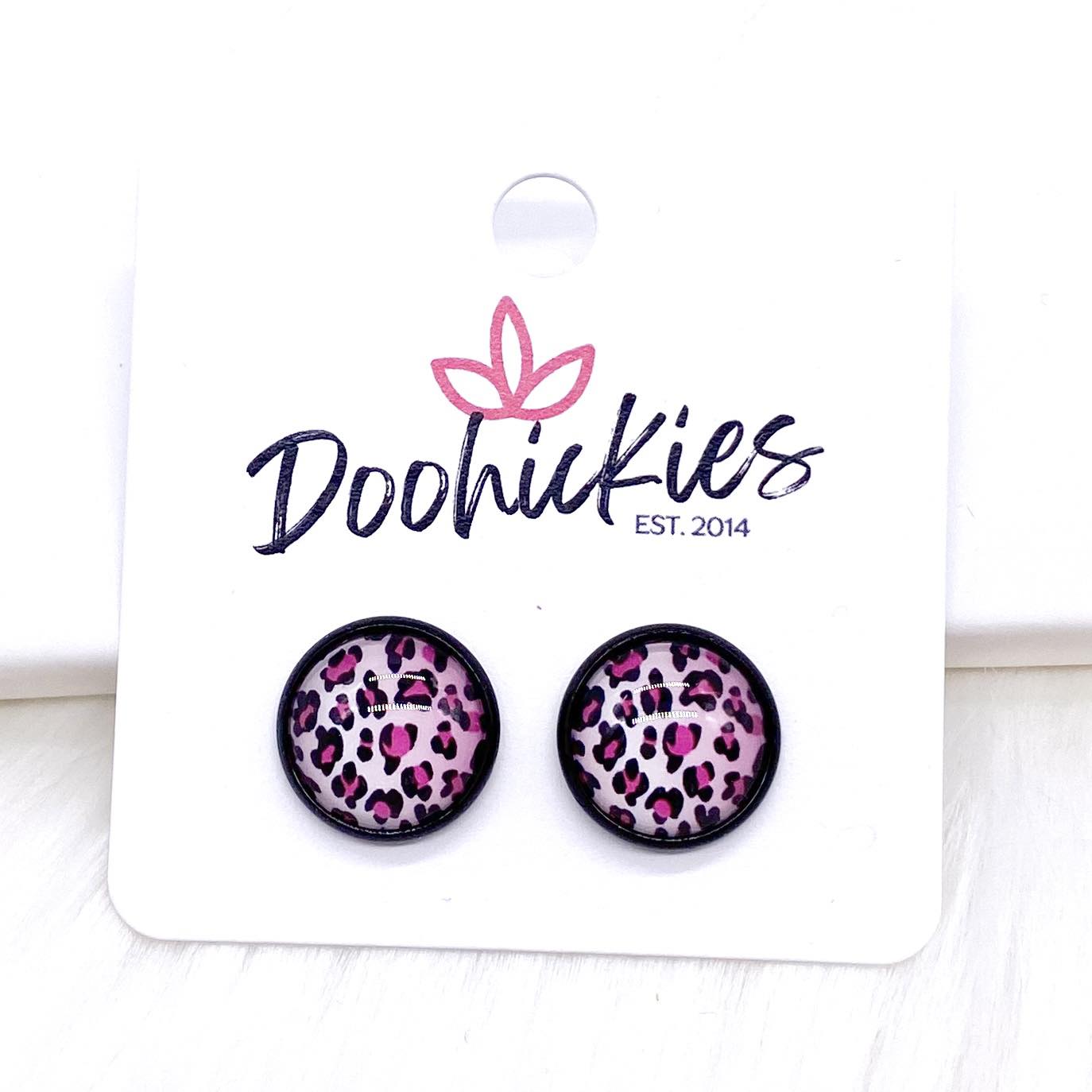 12mm Pink Ombre Leopard in Black Settings -Earrings