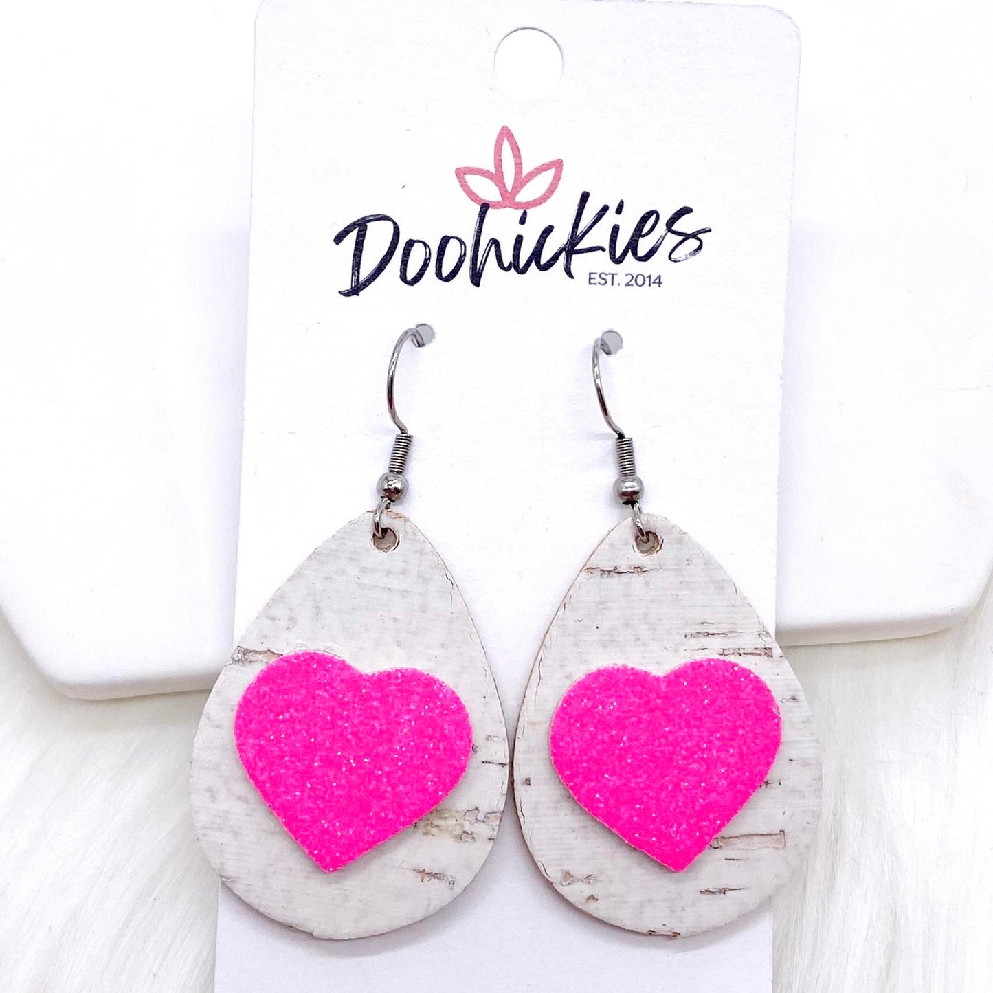 1.5" Valentine 3-D Glitter Hearts & White Linen Teardrops -Earrings