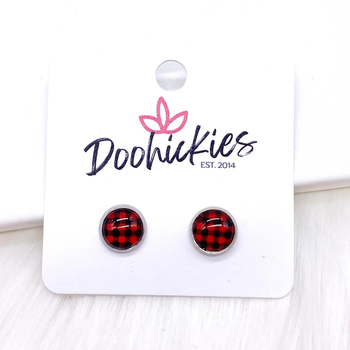 Red Buffalo Small Plaid in Stainless Steel Settings -Earrings