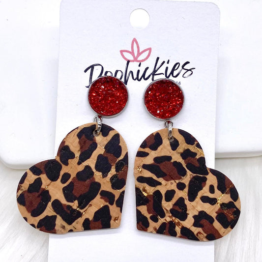 2" Red Sparkles & Metallic Leopard Heart Dangle Corkies -Earrings