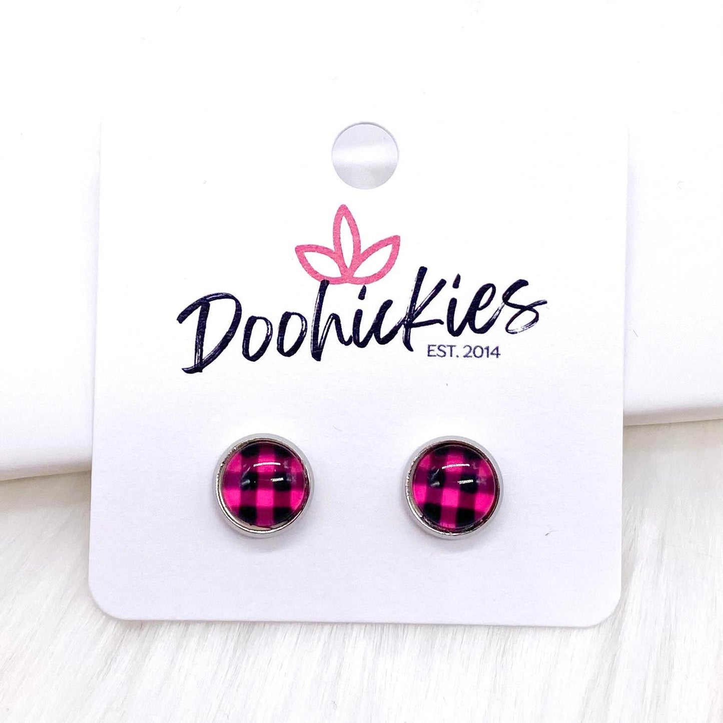 8mm Buffalo Plaid in Stainless Steel Settings -Earrings