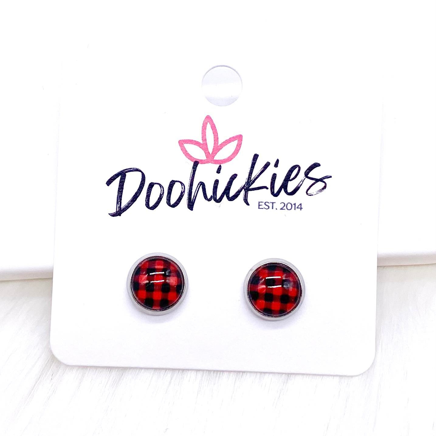 8mm Buffalo Plaid in Stainless Steel Settings -Earrings