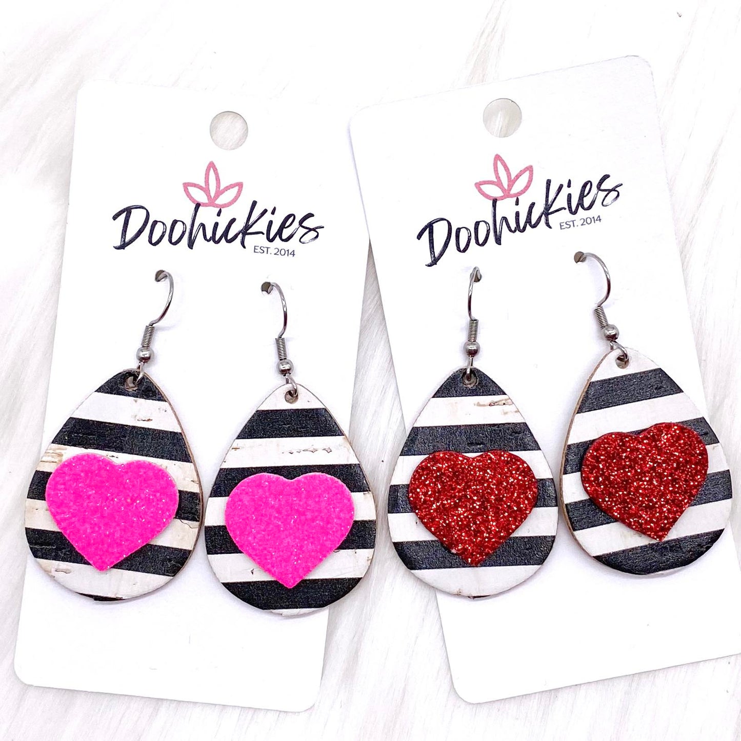 1.5" Valentine 3-D Glitter Hearts & Striped Teardrop Corkies -Earrings