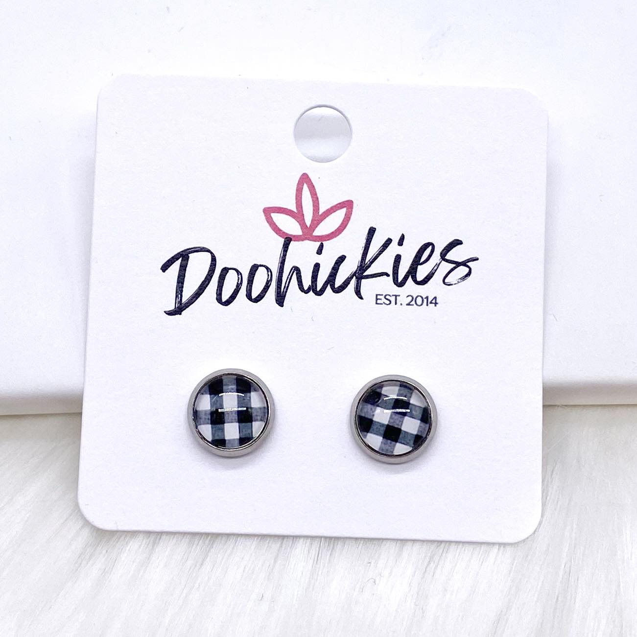 White Buffalo Plaid in Stainless Steel Settings -Earrings