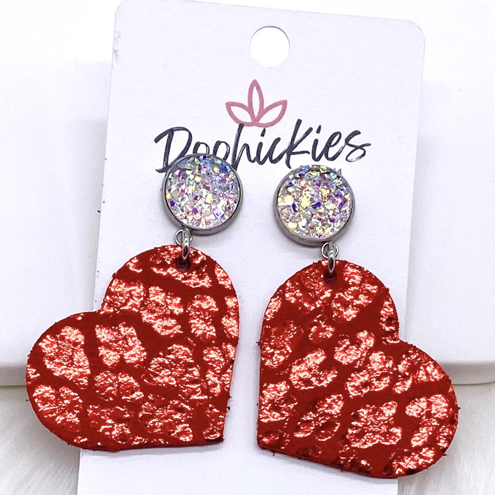 2" Crystal & Metallic Valentine's Leopard Heart Dangles (2 Colors) -Earrings