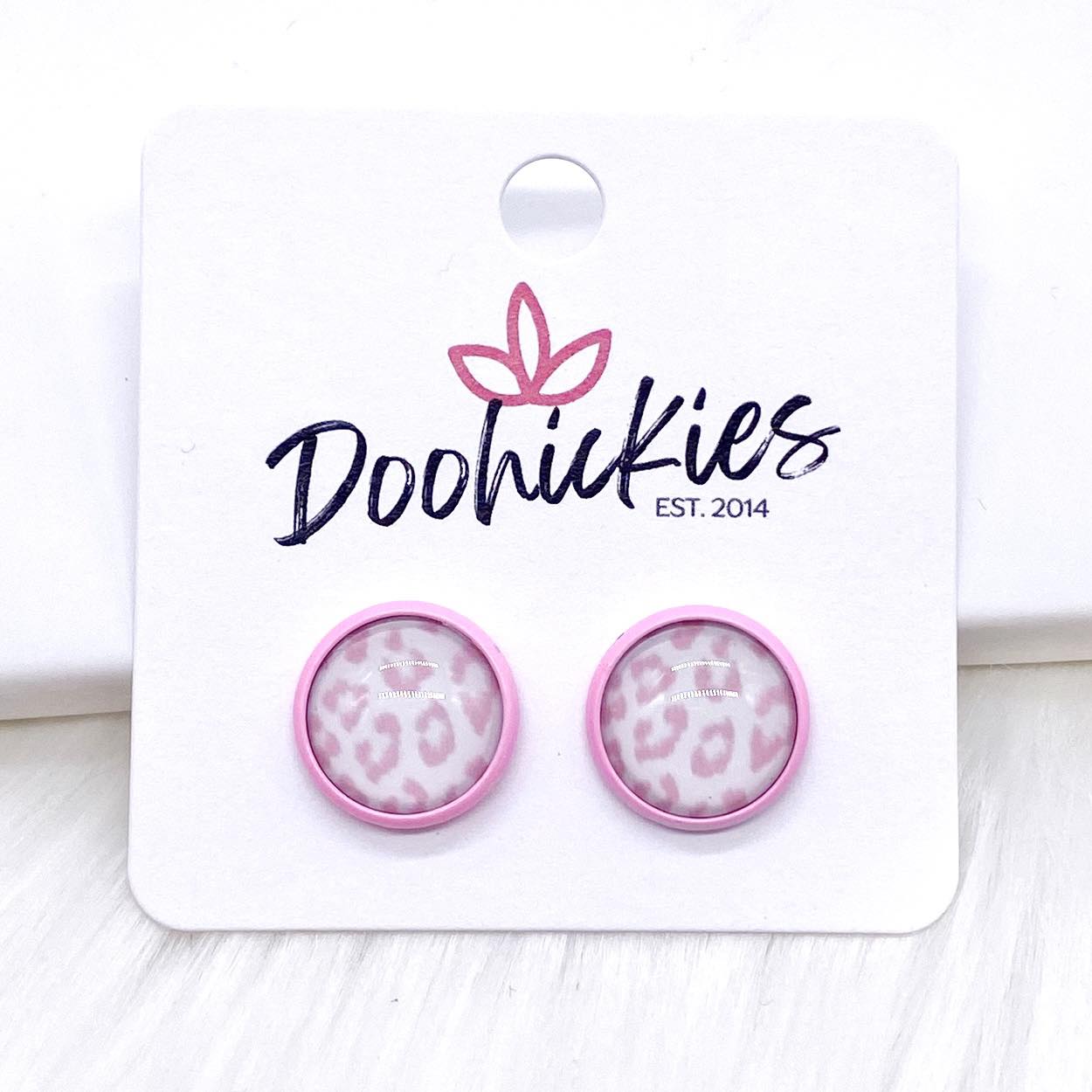 12mm Pastel Pink Leopard in Bright Pink Settings -Earrings