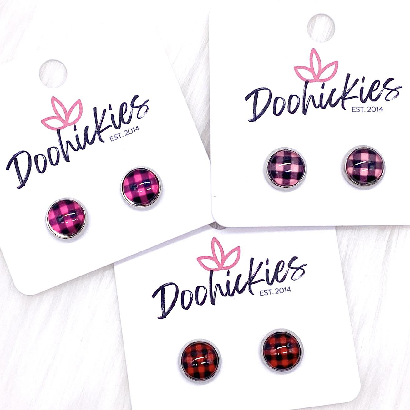 8mm Buffalo Plaid in Stainless Steel Settings -Earrings